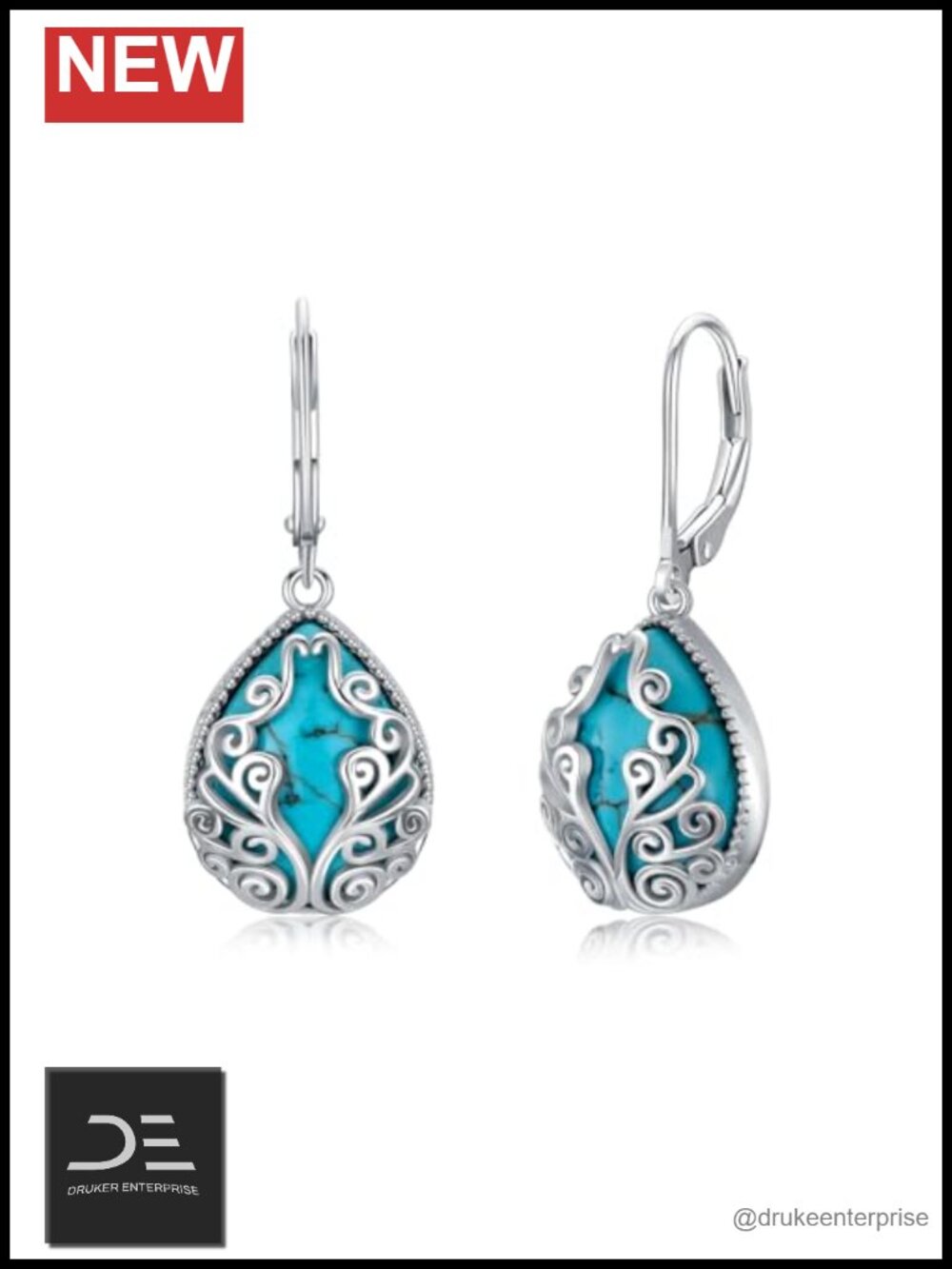 Natural Turquoise Drop Earrings 925 Sterling Silver Filigree Teardrop Dangle